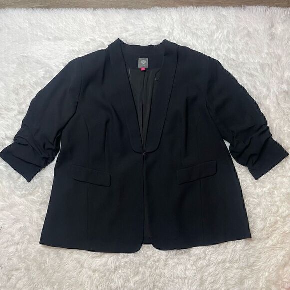 Vince Camuto Ruched Sleeve Blazer Size 22 W Black Hook Closure Collared Vneck - Picture 1 of 10